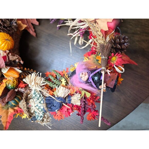 Handcrafted Fall Wreath With Mini Scarecrow & Witch Decor Straw Base Autumn Leav - Picture 4 of 14